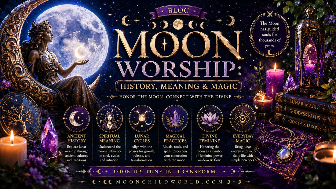 Moon worship altar with goddess statue, crystals, candles, and mystical decor for spiritual inspiration