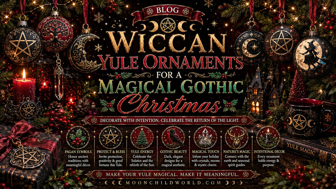 Wiccan Yule ornaments and witchy Christmas decor for a magical gothic Christmas celebration