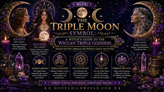 Triple moon symbol illustrated with the maiden, mother, and crone for a guide to the Wiccan triple goddess
