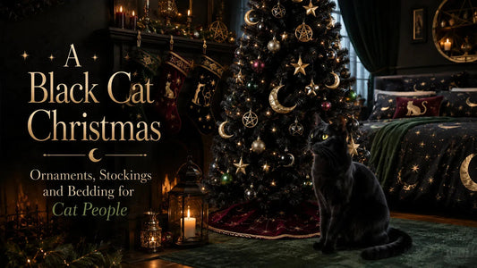 Festive black cat Christmas decor with ornaments, stockings, and bedding for cat lovers