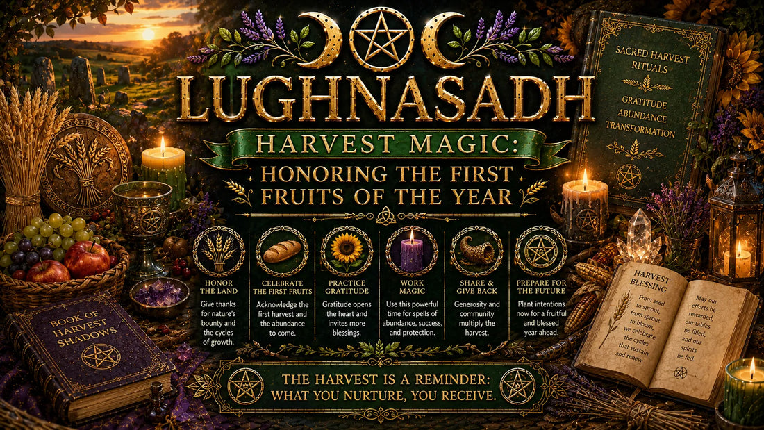 Lughnasadh harvest magic celebration with fruits, bread, candles, and books honoring first fruits of the year