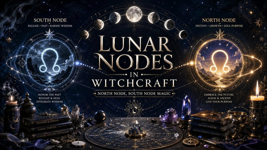Lunar nodes in witchcraft with mystical symbols, candles, crystals, and moon phases for magical guidance