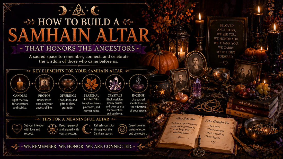 Samhain altar setup with candles, crystals, photos, and offerings to honor ancestors and celebrate Samhain traditions