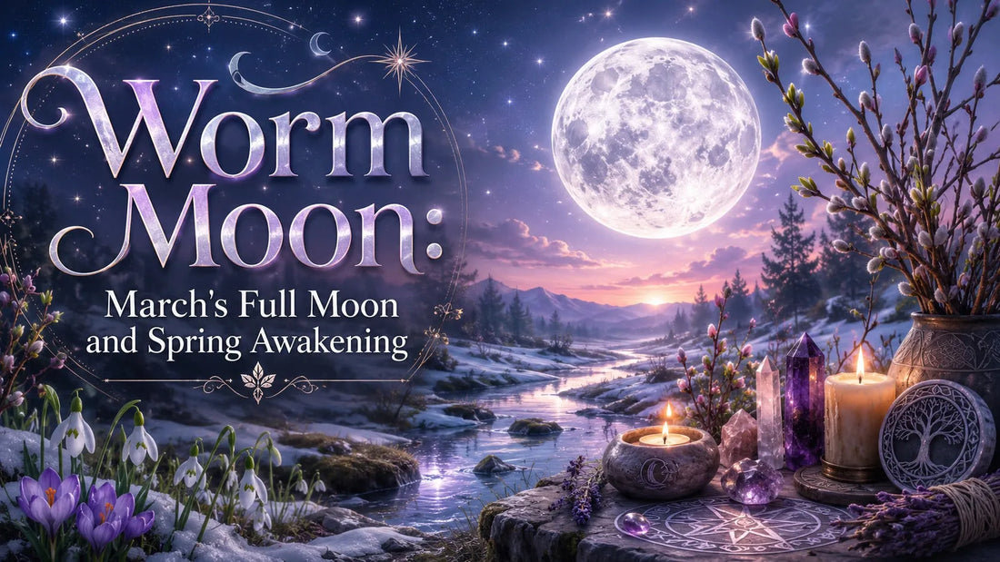 Worm Moon glowing over a spring landscape with candles, crystals, and blooming flowers for March’s full moon