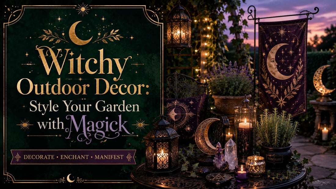 Witchy outdoor decor with moon-themed lanterns, crystals, candles, and celestial garden accents for magical inspiration