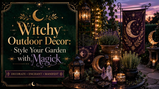 Witchy outdoor decor with moon-themed lanterns, crystals, candles, and celestial garden accents for magical inspiration