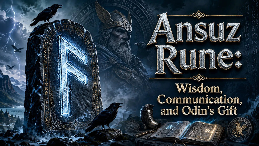 Ancient Ansuz rune glowing on a stone with Odin and ravens, symbolizing wisdom and communication