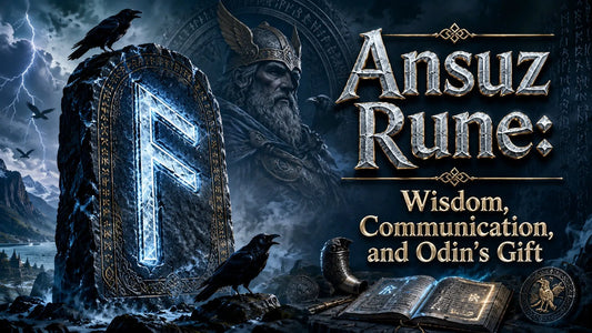 Ancient Ansuz rune glowing on a stone with Odin and ravens, symbolizing wisdom and communication