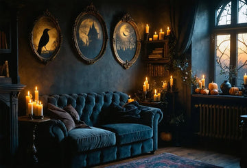 Gothic art Halloween wall decor with witchy oval frames and candles, inviting cozy spooky home vibes