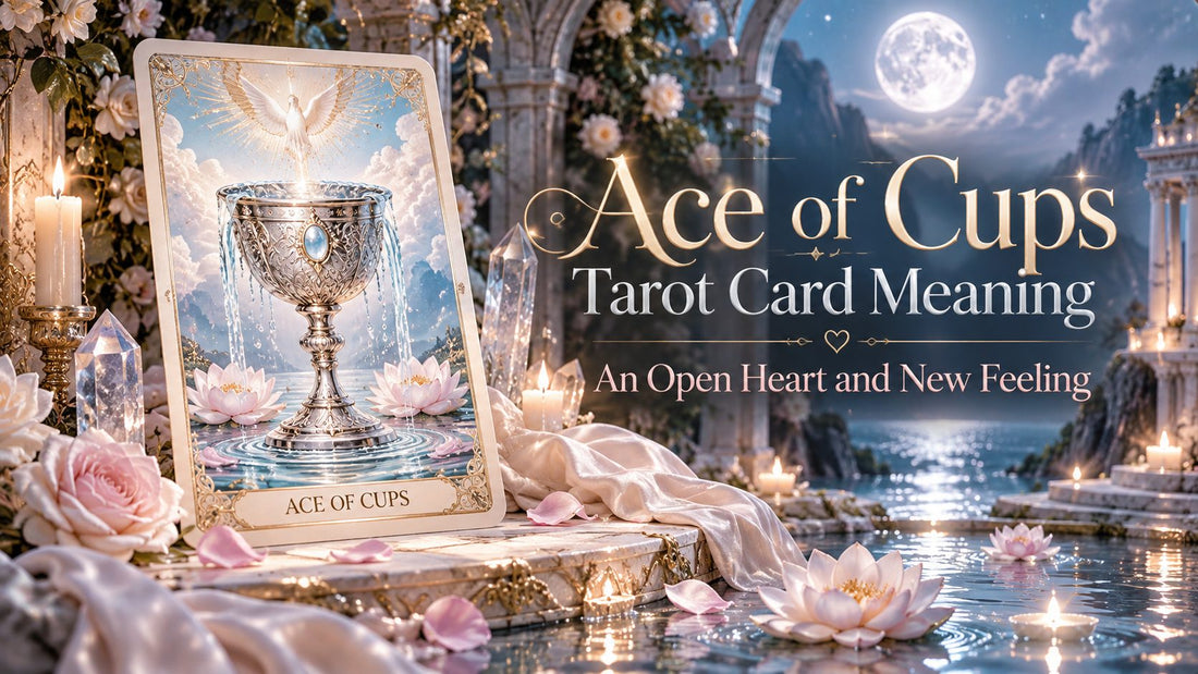 Ace of Cups tarot card meaning banner with the Ace of Cups card beside candles and golden cups