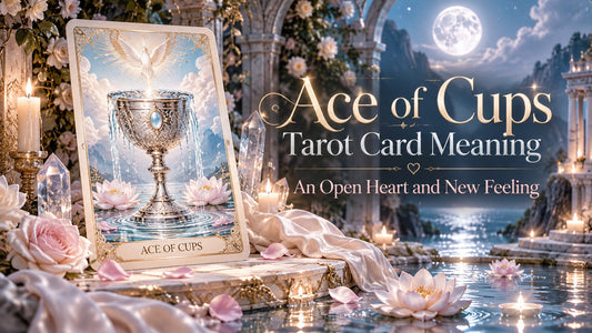 Ace of Cups tarot card meaning banner with the Ace of Cups card beside candles and golden cups