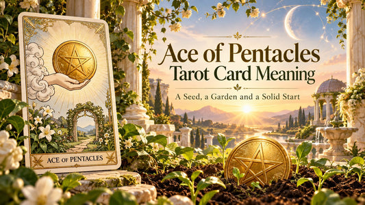 Ace of Pentacles tarot card meaning banner with the Ace of Pentacles card in a sunlit scene