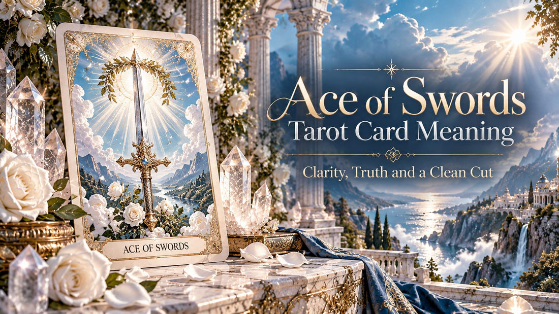 Ace of Swords tarot card meaning banner with the Ace of Swords card in a candlelit stone hall