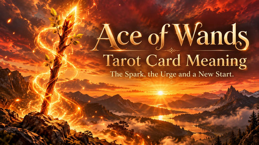 Ace of Wands tarot card meaning banner with the Ace of Wands card in a sunlit scene
