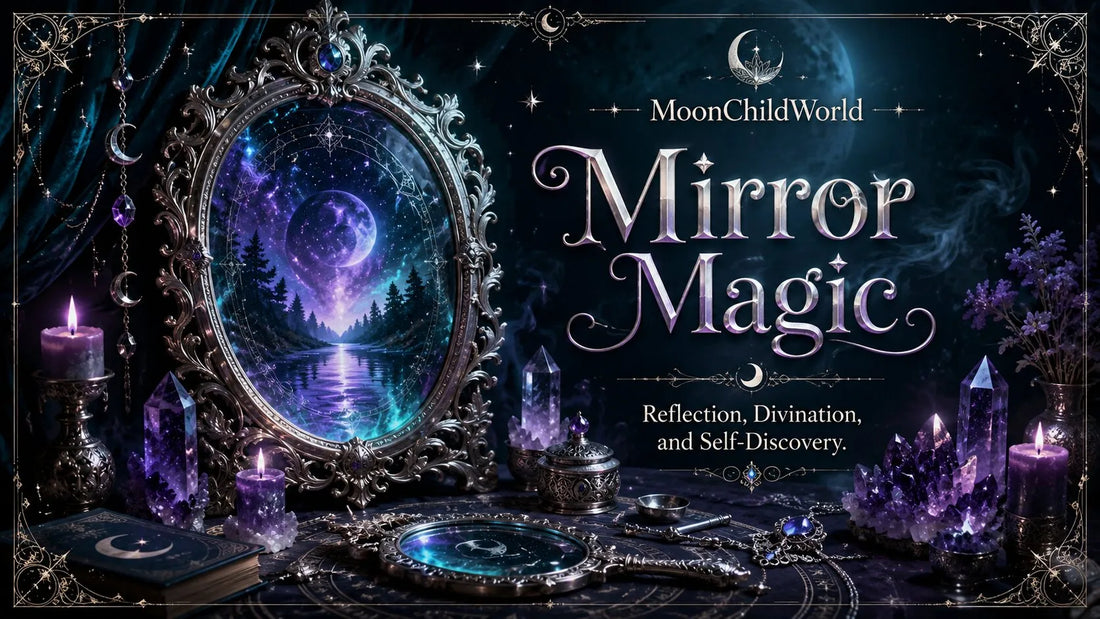 Mystical mirror magic scene with crystals, candles, and celestial decor for reflection and self-discovery