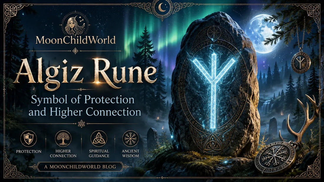 Algiz rune glowing on ancient stone under northern lights, symbolizing protection and higher connection in mystical forest