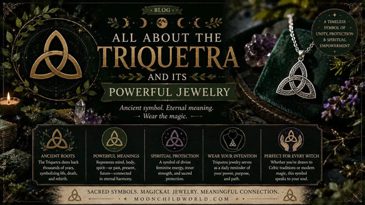 Triquetra jewelry displayed with crystals and candles, highlighting the symbol’s spiritual power and ancient meaning