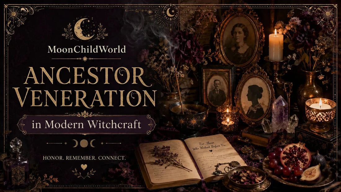 Ancestor veneration altar with candles, vintage photos, crystals, and offerings in modern witchcraft setting