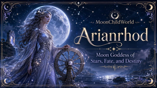 Arianrhod depicted as the moon goddess of stars, fate, and destiny in a mystical night landscape
