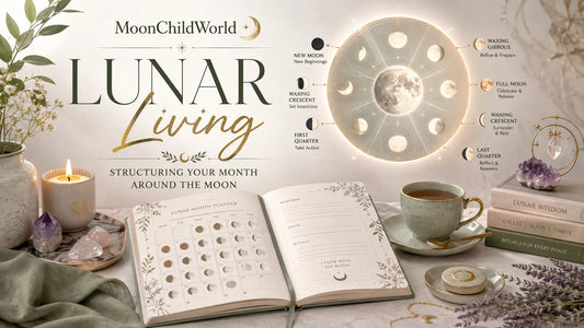 Lunar living planner with moon phases, crystals, and calming decor for structuring your month around the moon