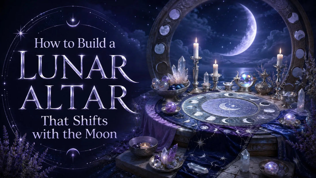 Mystical lunar altar setup with crystals, candles, and moon phases for building a lunar altar at home
