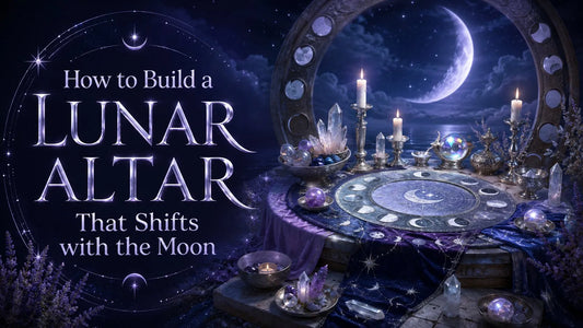 Mystical lunar altar setup with crystals, candles, and moon phases for building a lunar altar at home