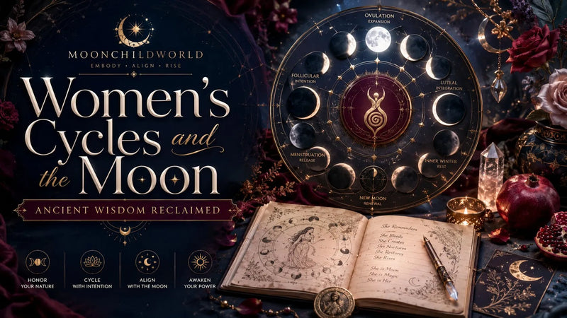 Women’s cycles and the moon illustrated with lunar phases, feminine symbols, and mystical decor for holistic wellness