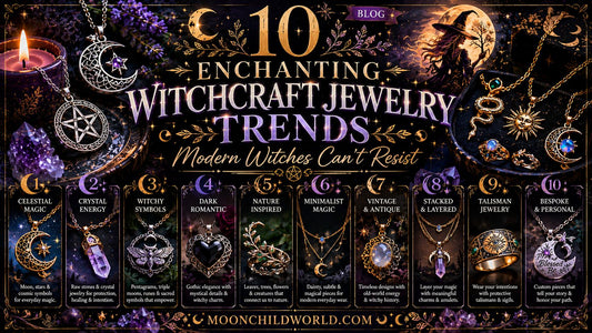 Witchcraft jewelry trends featuring moonstone pendants, pentacles, and mystical charms for spiritual inspiration