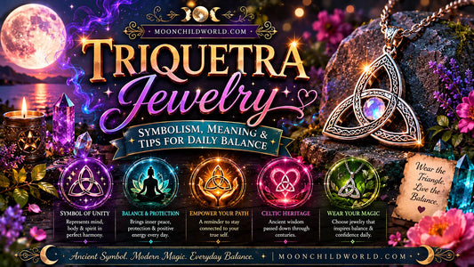 Triquetra jewelry featuring mystical symbols and crystals, highlighting balance and meaning for daily inspiration