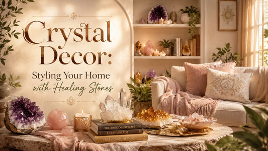 Crystal decor accents with healing stones create a calming, stylish living room atmosphere for your home