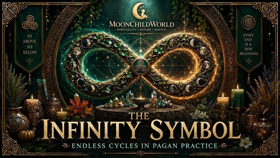 Intricate infinity symbol surrounded by candles and crystals, illustrating endless cycles in pagan practice