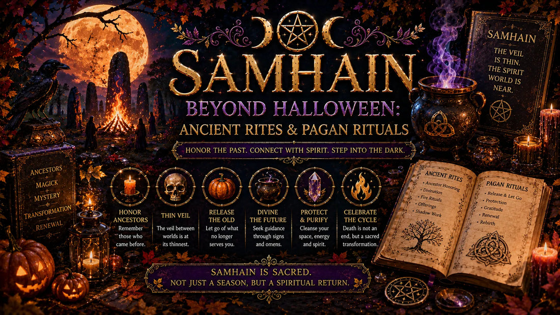 Samhain ancient rites and pagan rituals illustrated with mystical symbols, bonfire, and moonlit autumn forest