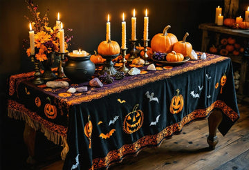 Enchanting Wicca altar cloth Halloween witch tablecloth with pumpkins, candles, crystals, and festive pagan altar supplies