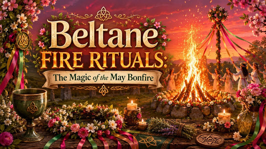 Beltane fire rituals with a vibrant May bonfire, floral decorations, and people dancing around a maypole