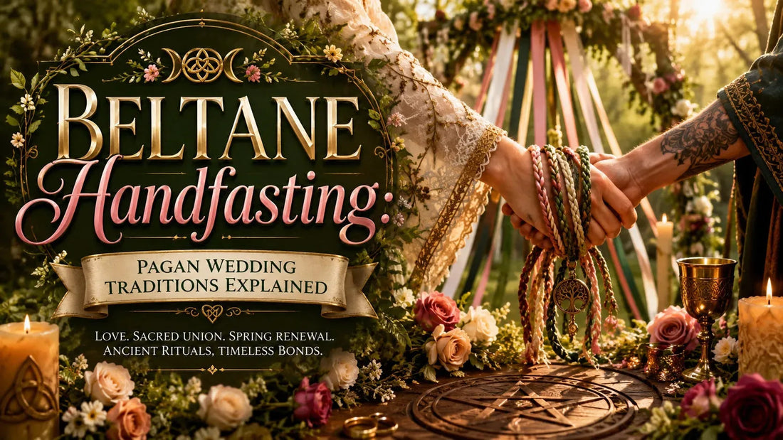 Beltane handfasting ceremony with intertwined hands, floral decorations, and pagan wedding symbols