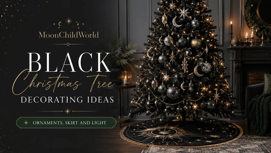 Elegant black Christmas tree decorated with celestial ornaments and lights, inspiring unique black Christmas tree ideas