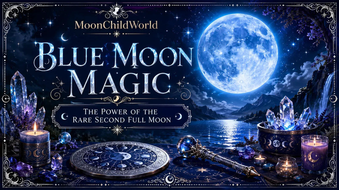 Mystical blue moon magic scene with crystals, candles, and tarot under a glowing full moon by a lake