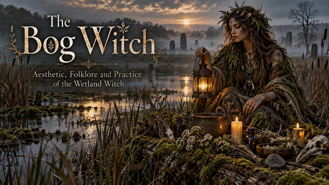 Bog witch in moss-covered robes holding a lantern beside candles in a misty wetland at sunset