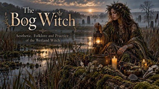 Bog witch in moss-covered robes holding a lantern beside candles in a misty wetland at sunset