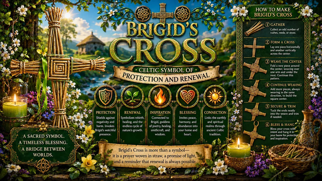 Brigid’s Cross Celtic symbol with woven straw, flowers, and candles, representing protection and renewal