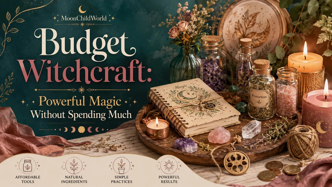 Budget witchcraft with candles, crystals, and affordable magical tools for powerful magic on a budget