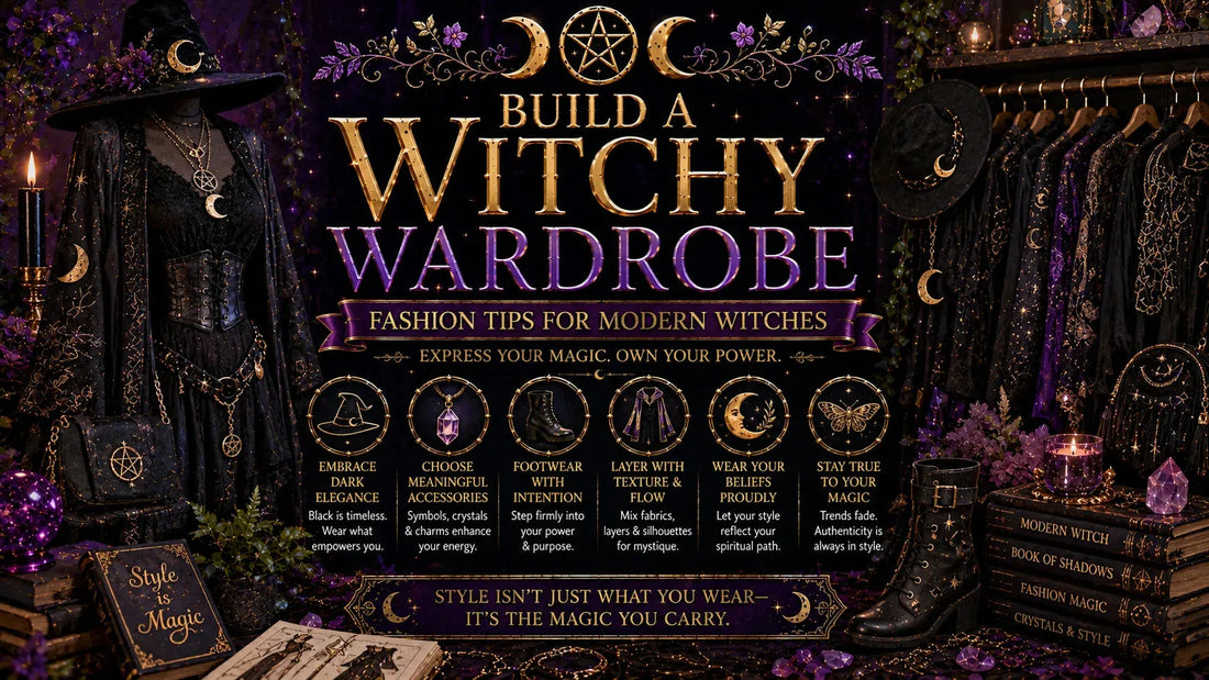 Witchy wardrobe inspiration with dark elegant dresses, mystical accessories, and magical fashion tips for modern witches