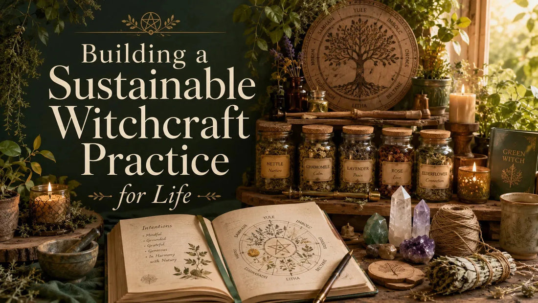 Herbs, crystals, and candles arranged for building a sustainable witchcraft practice with natural elements