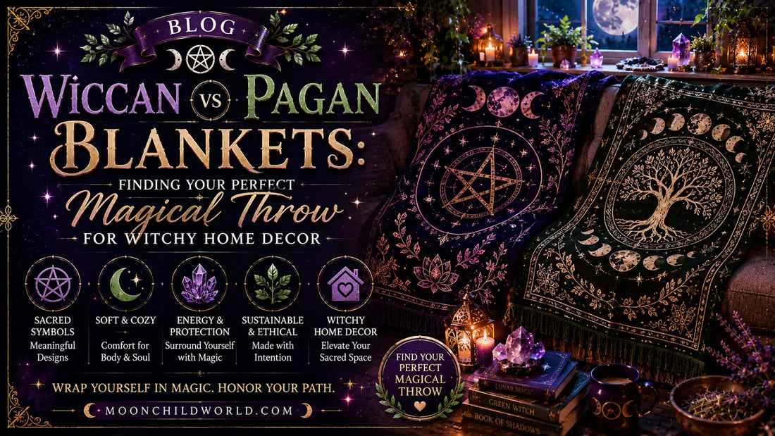 Cozy witchy home decor featuring a wicca blanket with pagan symbols and moon phases for mystical inspiration