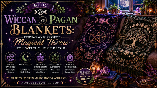 Cozy witchy home decor featuring a wicca blanket with pagan symbols and moon phases for mystical inspiration
