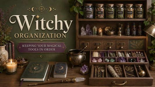 Witchy organization ideas for keeping magical tools, herbs, and crystals neatly arranged and accessible