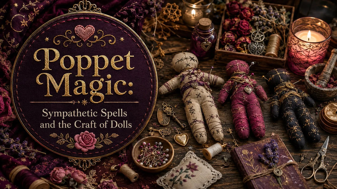 Handmade poppet magic dolls with mystical charms and herbs for sympathetic spells and witchcraft crafts