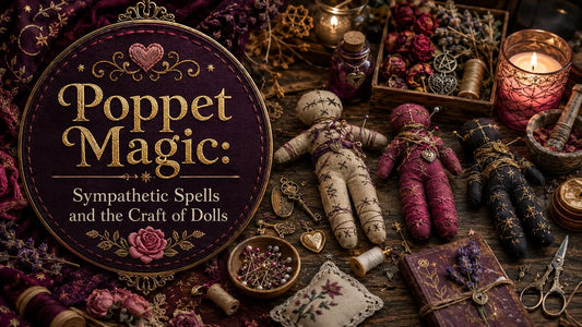 Handmade poppet magic dolls with mystical charms and herbs for sympathetic spells and witchcraft crafts