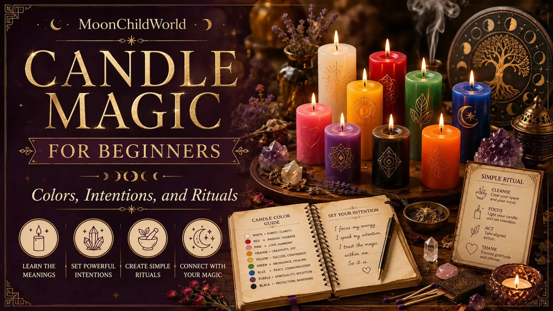 Colorful candle magic for beginners with ritual tools, intention journal, and crystals for spiritual practice
