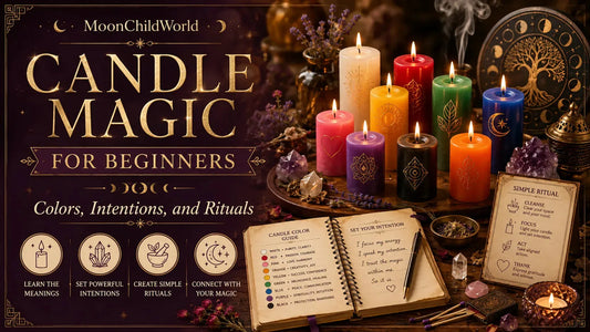 Colorful candle magic for beginners with ritual tools, intention journal, and crystals for spiritual practice